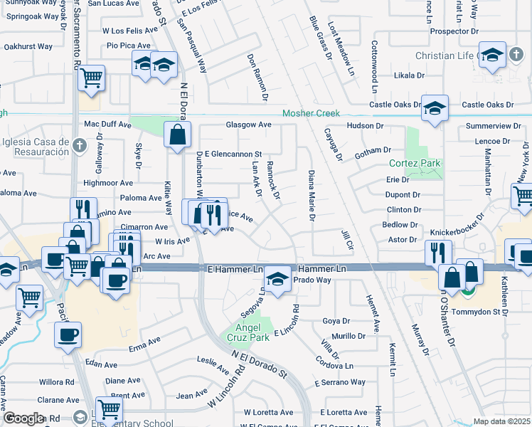 map of restaurants, bars, coffee shops, grocery stores, and more near 8032 Lan Ark Drive in Stockton