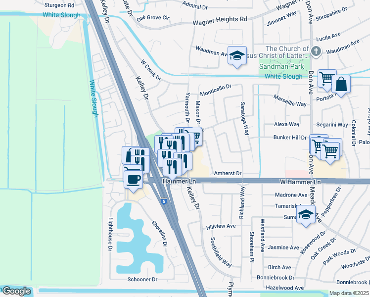 map of restaurants, bars, coffee shops, grocery stores, and more near 3116 Wentworth Drive in Stockton
