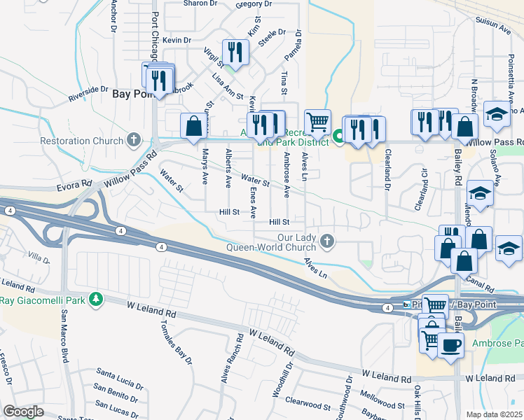 map of restaurants, bars, coffee shops, grocery stores, and more near 99 Hill Street in Bay Point