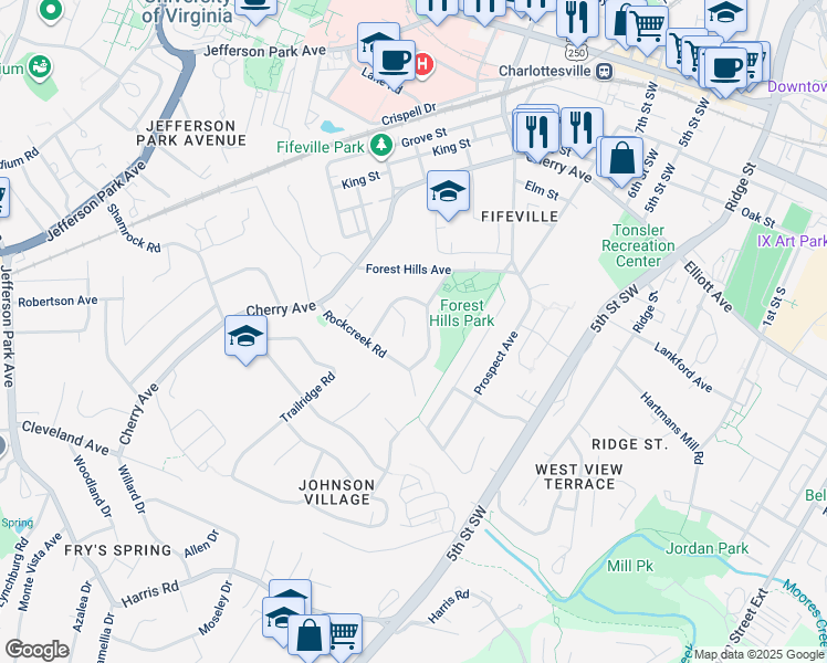 map of restaurants, bars, coffee shops, grocery stores, and more near 114 Olinda Drive in Charlottesville