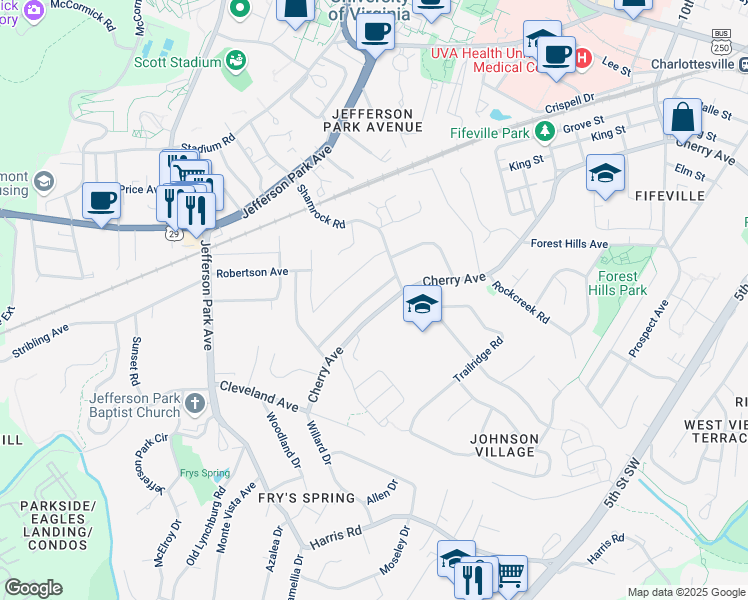 map of restaurants, bars, coffee shops, grocery stores, and more near 1617 Mulberry Avenue in Charlottesville