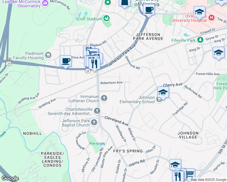 map of restaurants, bars, coffee shops, grocery stores, and more near 203 Raymond Avenue in Charlottesville