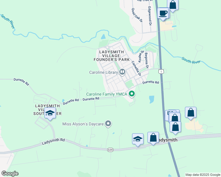map of restaurants, bars, coffee shops, grocery stores, and more near 17285 Perinchief Street in Ruther Glen