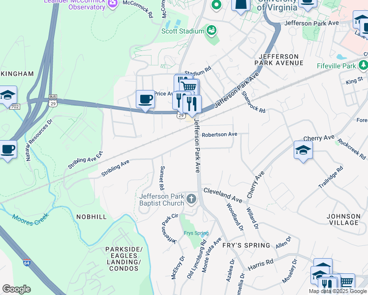 map of restaurants, bars, coffee shops, grocery stores, and more near 112 Stribling Avenue in Charlottesville