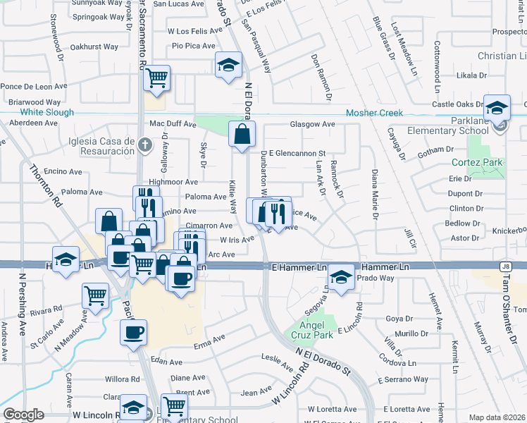 map of restaurants, bars, coffee shops, grocery stores, and more near 8101 Dunbarton Way in Stockton