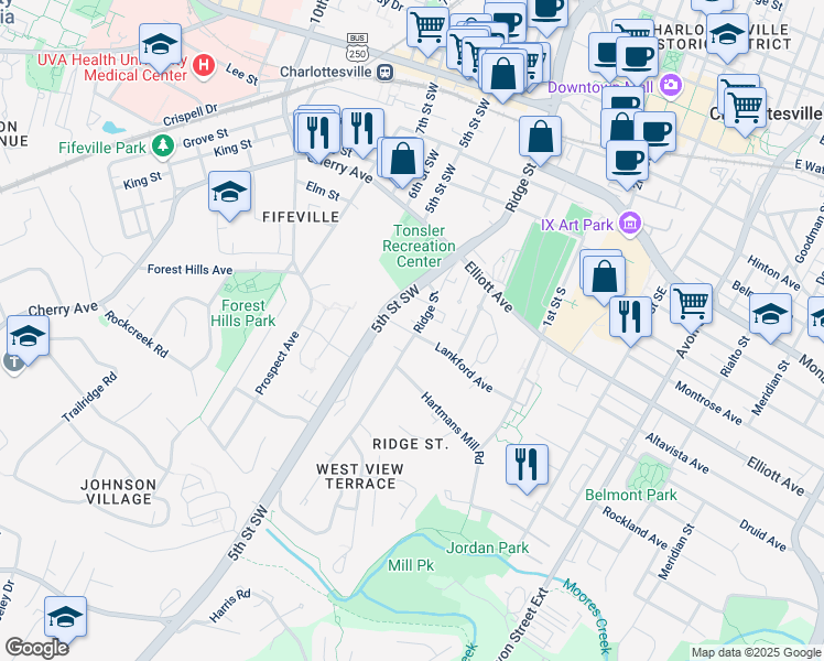 map of restaurants, bars, coffee shops, grocery stores, and more near 721 Ridge Street in Charlottesville