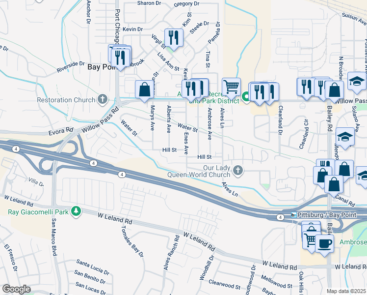 map of restaurants, bars, coffee shops, grocery stores, and more near 99 Hill Street in Bay Point