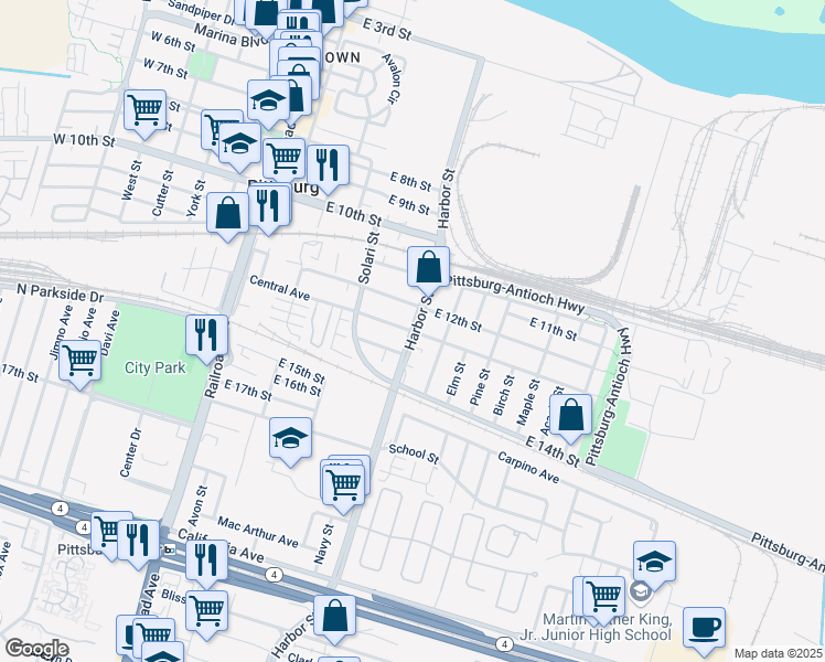 map of restaurants, bars, coffee shops, grocery stores, and more near Harbor Street & Central Avenue in Pittsburg