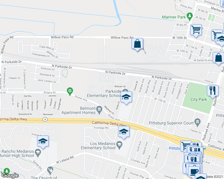 map of restaurants, bars, coffee shops, grocery stores, and more near 372 Foxglove Street in Pittsburg