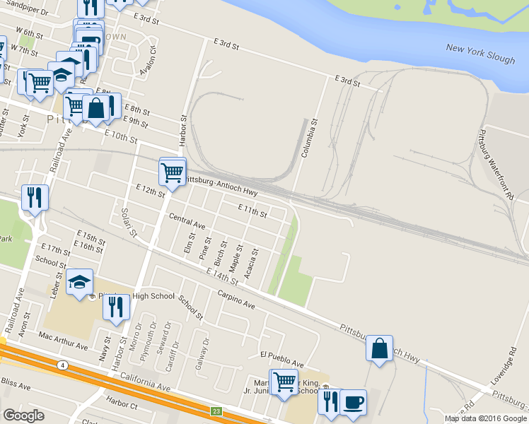 map of restaurants, bars, coffee shops, grocery stores, and more near 1130 Laurel Street in Pittsburg