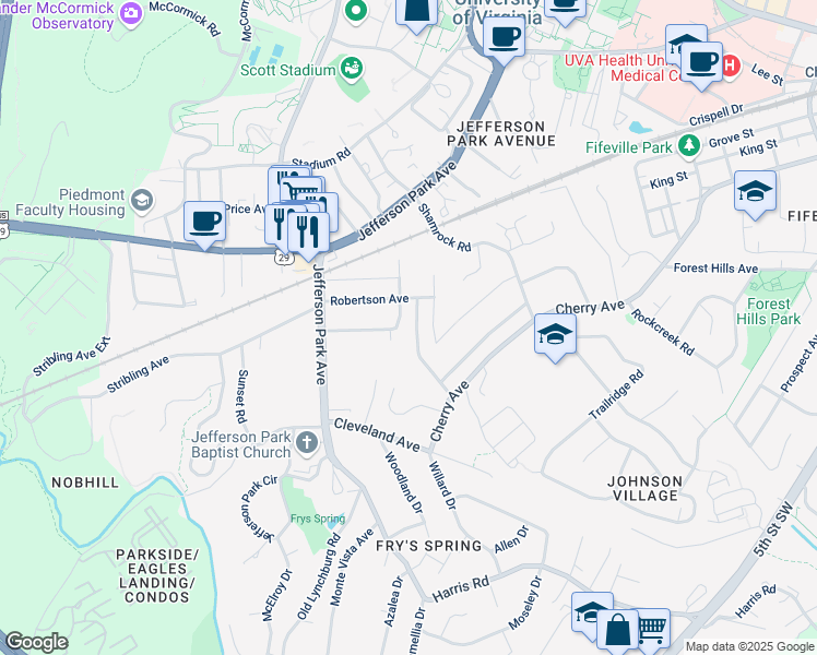 map of restaurants, bars, coffee shops, grocery stores, and more near 2311 Highland Avenue in Charlottesville