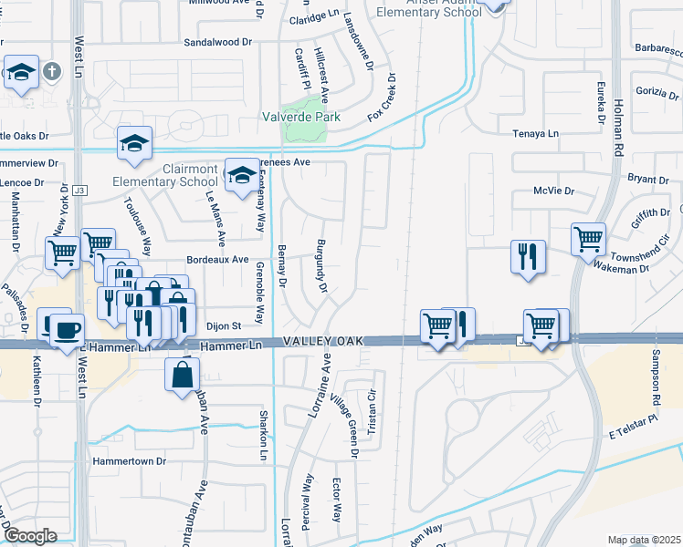 map of restaurants, bars, coffee shops, grocery stores, and more near 2624 Burgundy Court in Stockton