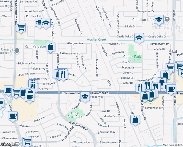 map of restaurants, bars, coffee shops, grocery stores, and more near 335 Kinlock Court in Stockton