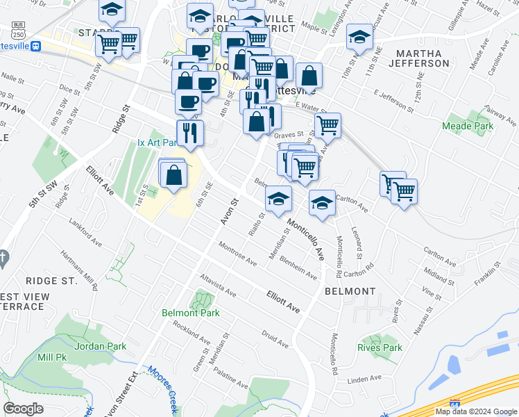 map of restaurants, bars, coffee shops, grocery stores, and more near 728 Monticello Avenue in Charlottesville