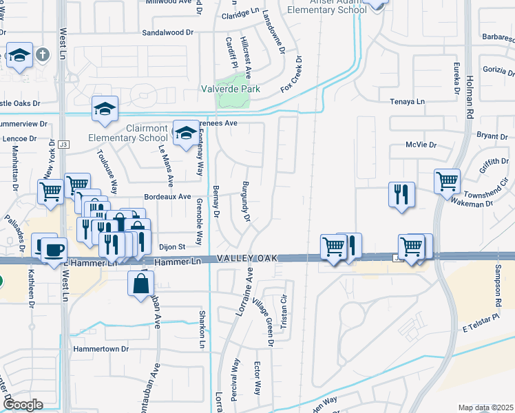 map of restaurants, bars, coffee shops, grocery stores, and more near 2624 Burgundy Court in Stockton