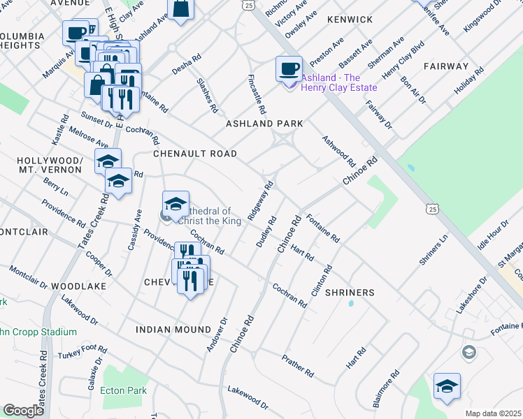 map of restaurants, bars, coffee shops, grocery stores, and more near 322 Ridgeway Rd in Lexington