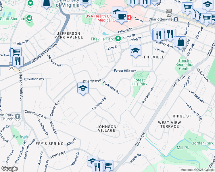 map of restaurants, bars, coffee shops, grocery stores, and more near 608 Rockcreek Road in Charlottesville