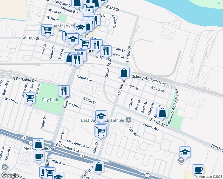 map of restaurants, bars, coffee shops, grocery stores, and more near 452 Central Ave in Pittsburg