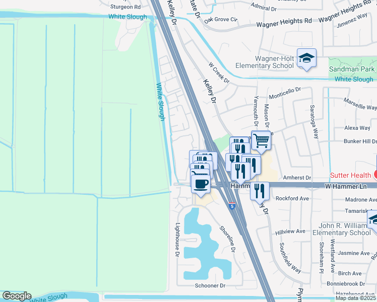 map of restaurants, bars, coffee shops, grocery stores, and more near 8035 Mariners Drive in Stockton
