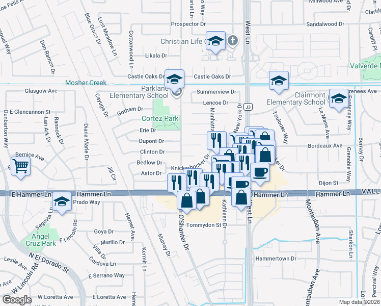 map of restaurants, bars, coffee shops, grocery stores, and more near 915 Cooper Court in Stockton