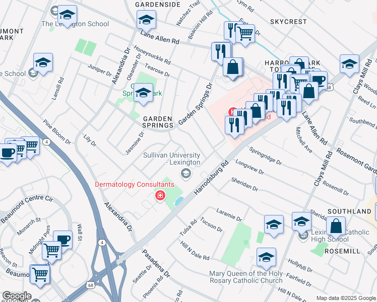 map of restaurants, bars, coffee shops, grocery stores, and more near 2140 Cypress Drive in Lexington