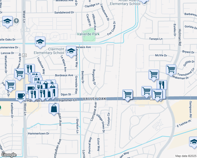 map of restaurants, bars, coffee shops, grocery stores, and more near 2624 Burgundy Court in Stockton