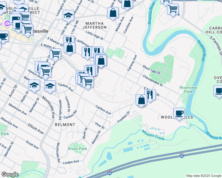 map of restaurants, bars, coffee shops, grocery stores, and more near 1408-10 Burgess Ln in Charlottesville
