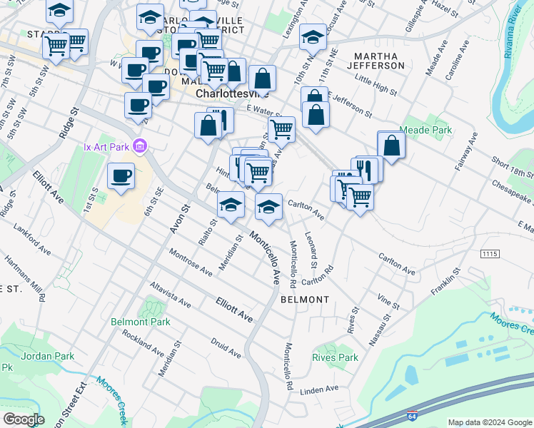 map of restaurants, bars, coffee shops, grocery stores, and more near 924 Monticello Road in Charlottesville