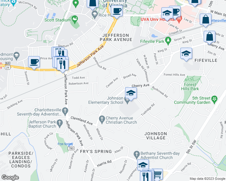 map of restaurants, bars, coffee shops, grocery stores, and more near 1615 Mulberry Avenue in Charlottesville