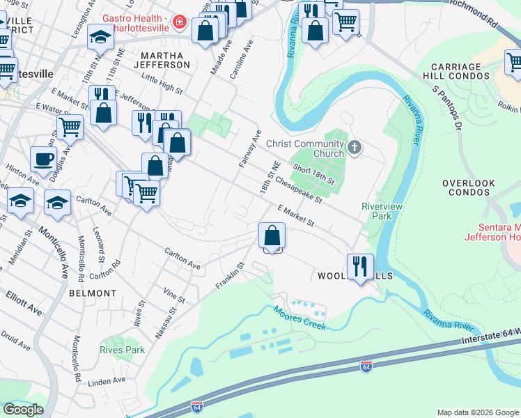map of restaurants, bars, coffee shops, grocery stores, and more near 1602 East Market Street in Charlottesville
