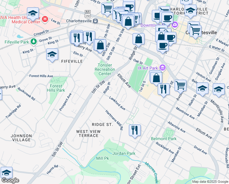map of restaurants, bars, coffee shops, grocery stores, and more near 101 Roades Court in Charlottesville