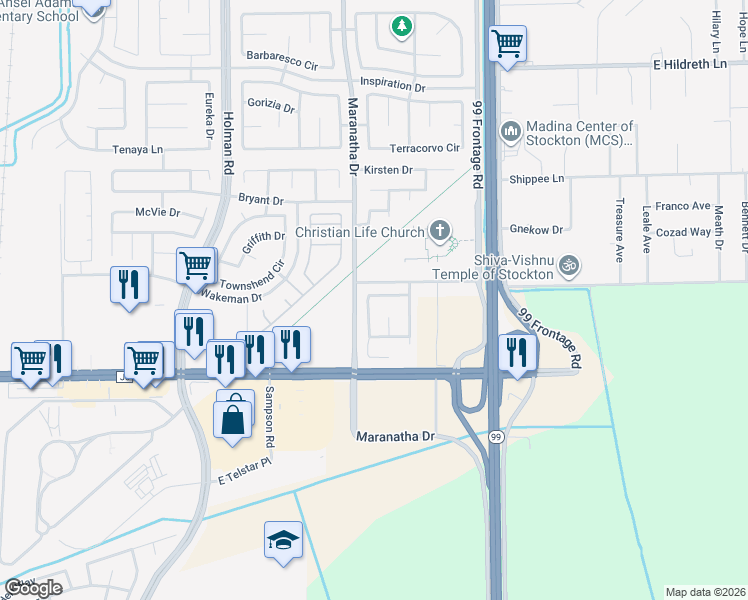 map of restaurants, bars, coffee shops, grocery stores, and more near 8022 Haney Lane in Stockton