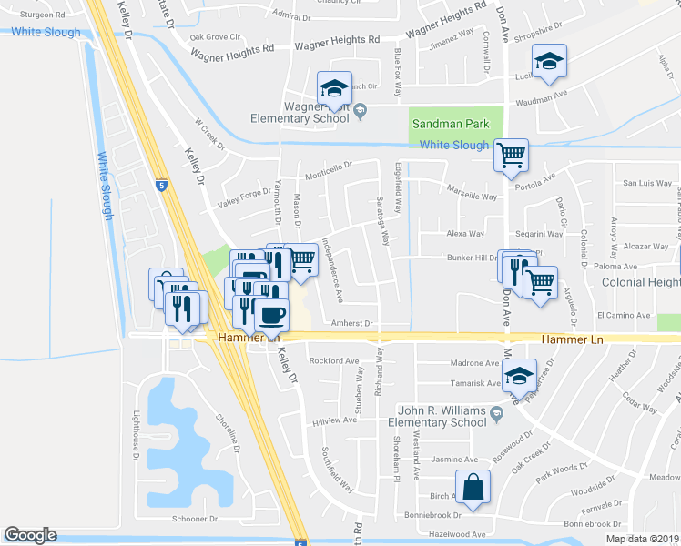 map of restaurants, bars, coffee shops, grocery stores, and more near 8120 Independence Avenue in Stockton