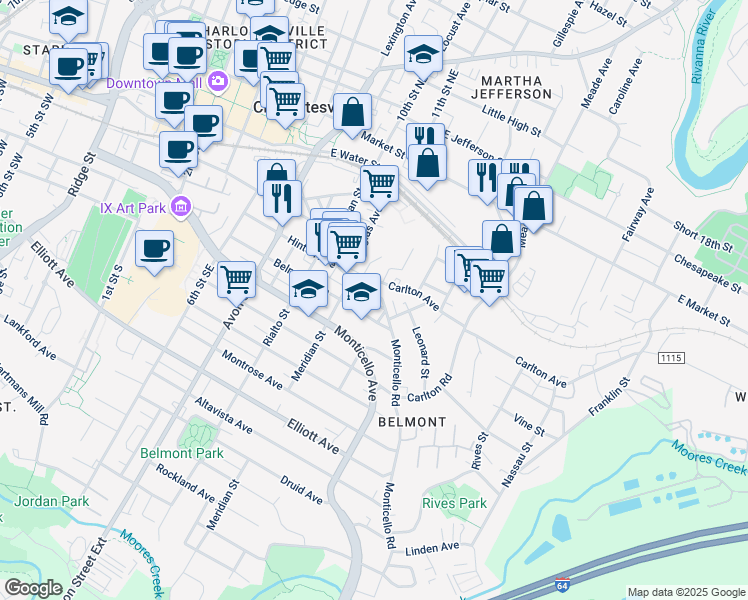 map of restaurants, bars, coffee shops, grocery stores, and more near 924 Monticello Road in Charlottesville