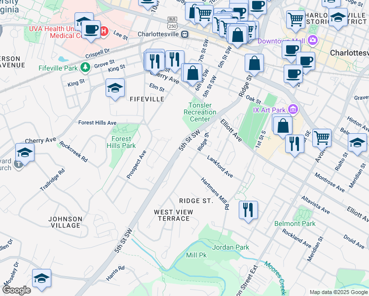 map of restaurants, bars, coffee shops, grocery stores, and more near 930 5th Street in Charlottesville