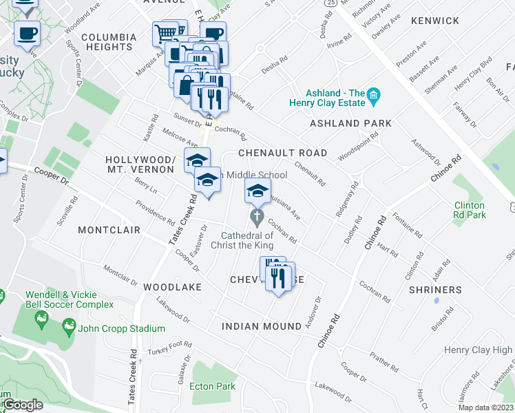 map of restaurants, bars, coffee shops, grocery stores, and more near 373 Cochran Road in Lexington