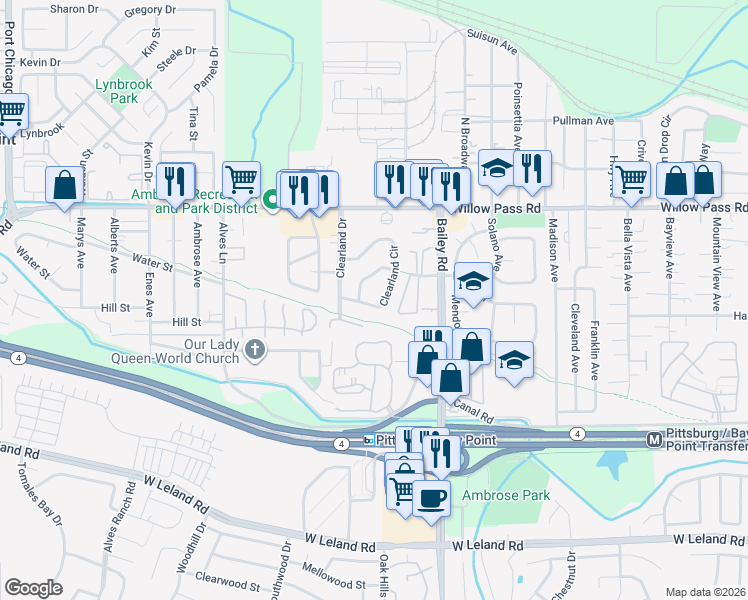 map of restaurants, bars, coffee shops, grocery stores, and more near 2868 Clearland Circle in Bay Point