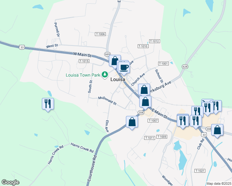 map of restaurants, bars, coffee shops, grocery stores, and more near 104 Elm Avenue in Louisa
