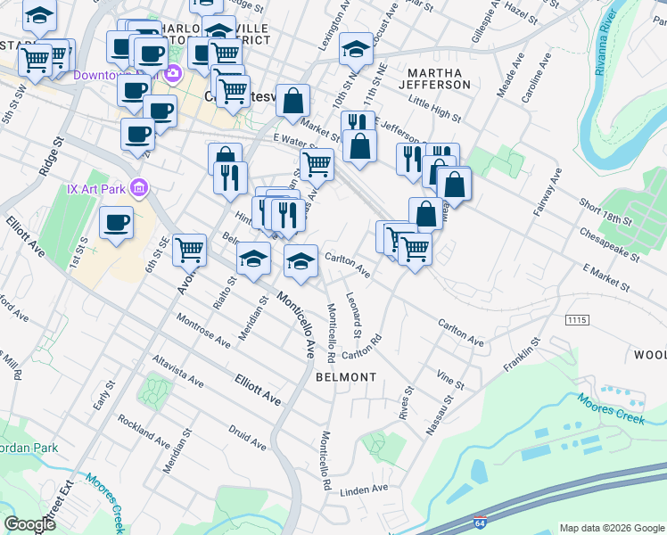 map of restaurants, bars, coffee shops, grocery stores, and more near 918 Bainbridge Street in Charlottesville