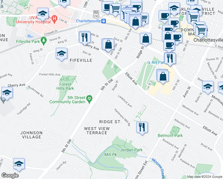 map of restaurants, bars, coffee shops, grocery stores, and more near 719 Ridge Street in Charlottesville