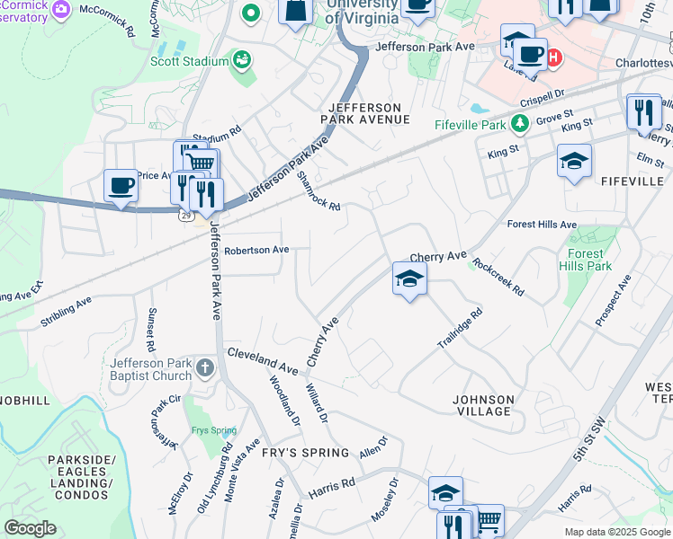 map of restaurants, bars, coffee shops, grocery stores, and more near 1630 Center Avenue in Charlottesville