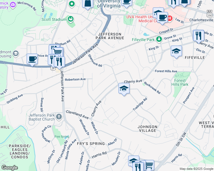 map of restaurants, bars, coffee shops, grocery stores, and more near 1615 Mulberry Avenue in Charlottesville