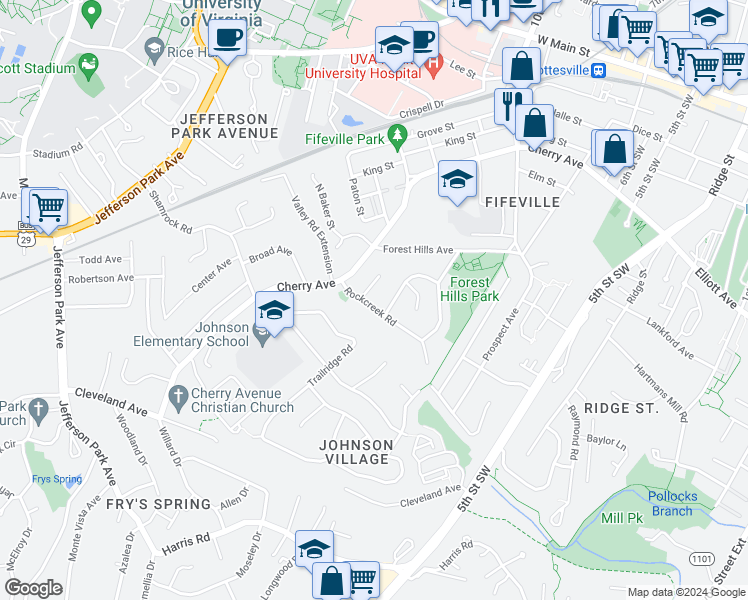 map of restaurants, bars, coffee shops, grocery stores, and more near 613 Rockcreek Road in Charlottesville