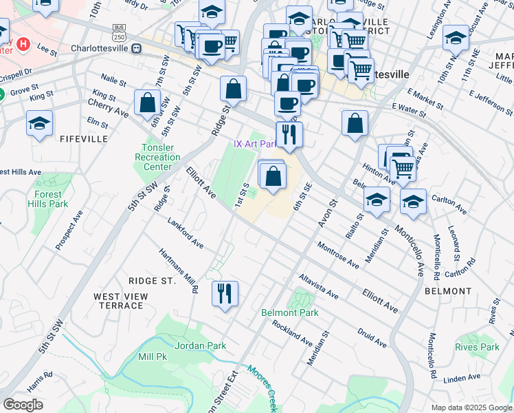 map of restaurants, bars, coffee shops, grocery stores, and more near 999 2nd Street Southeast in Charlottesville