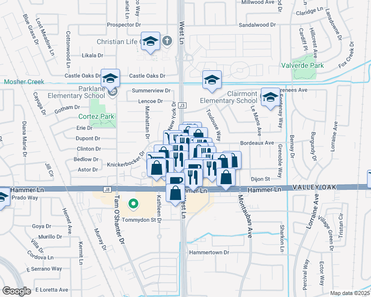 map of restaurants, bars, coffee shops, grocery stores, and more near 8000 West Lane in Stockton