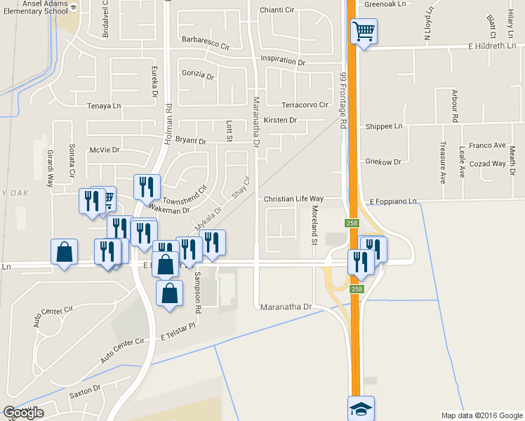map of restaurants, bars, coffee shops, grocery stores, and more near 8015 Haney Lane in Stockton