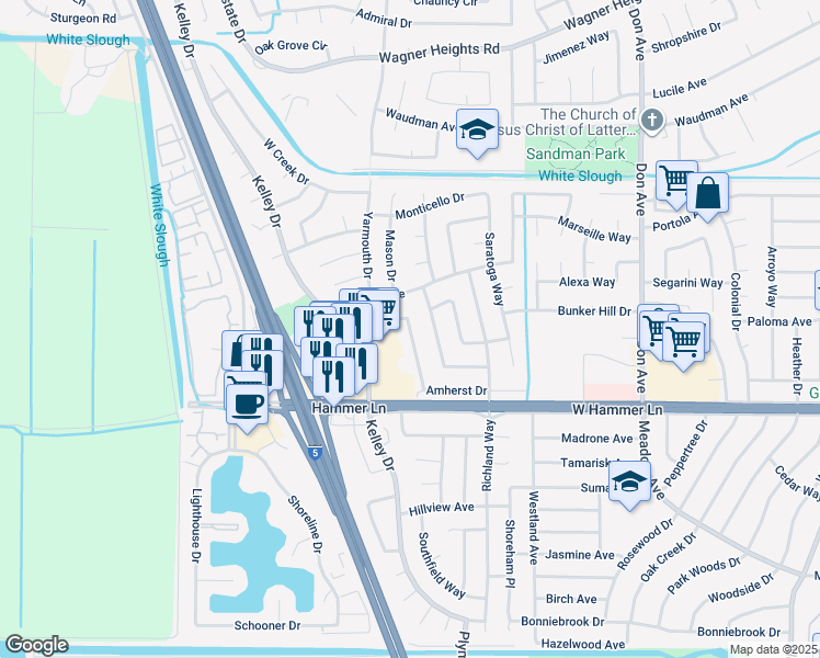 map of restaurants, bars, coffee shops, grocery stores, and more near 8110 Montgomery Avenue in Stockton