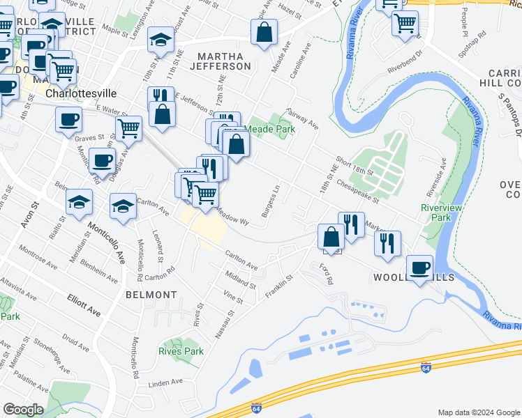 map of restaurants, bars, coffee shops, grocery stores, and more near 1408-10 Burgess Ln in Charlottesville