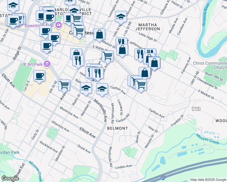 map of restaurants, bars, coffee shops, grocery stores, and more near 918 Bainbridge Street in Charlottesville