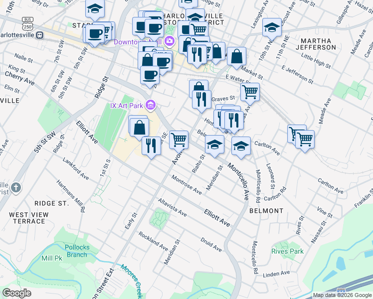 map of restaurants, bars, coffee shops, grocery stores, and more near 713 Bolling Avenue in Charlottesville